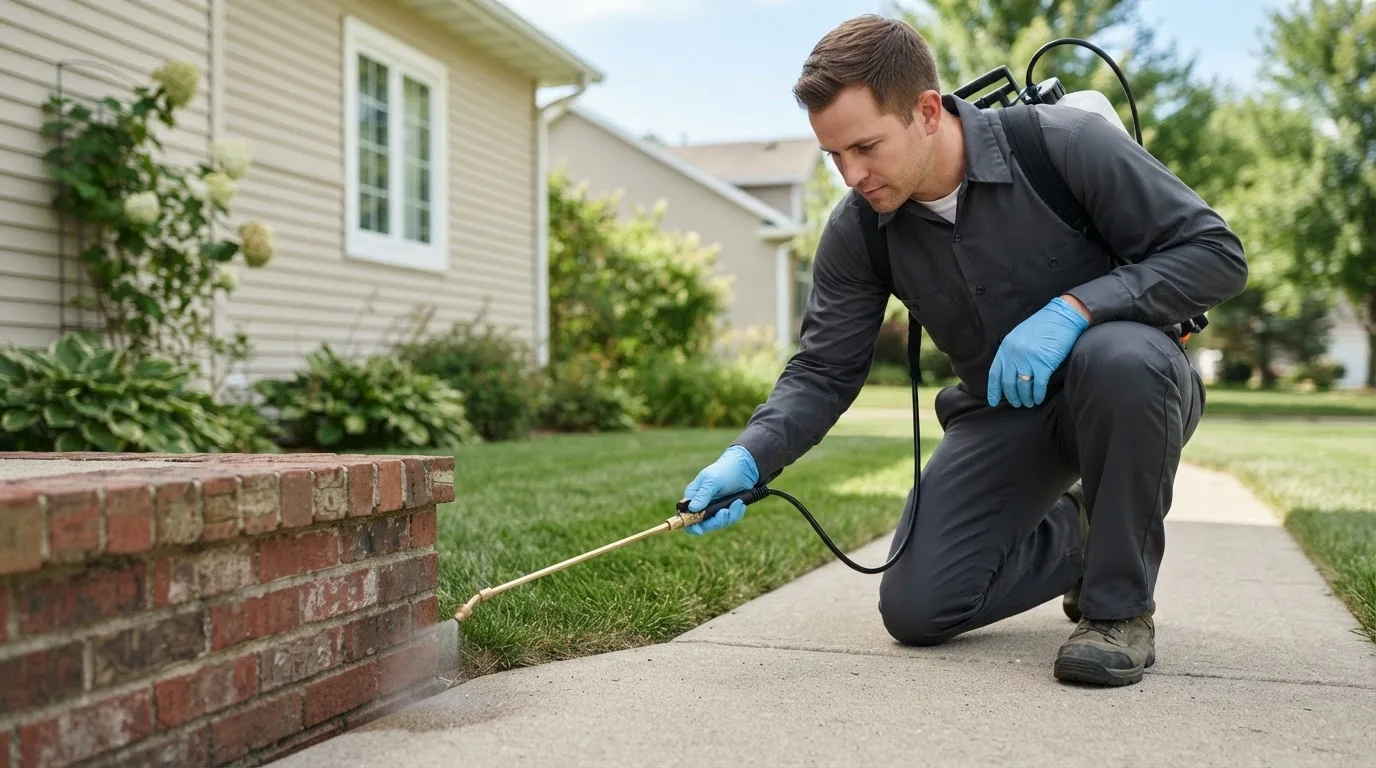 Pest control technician treating a home near Lurgan, PA